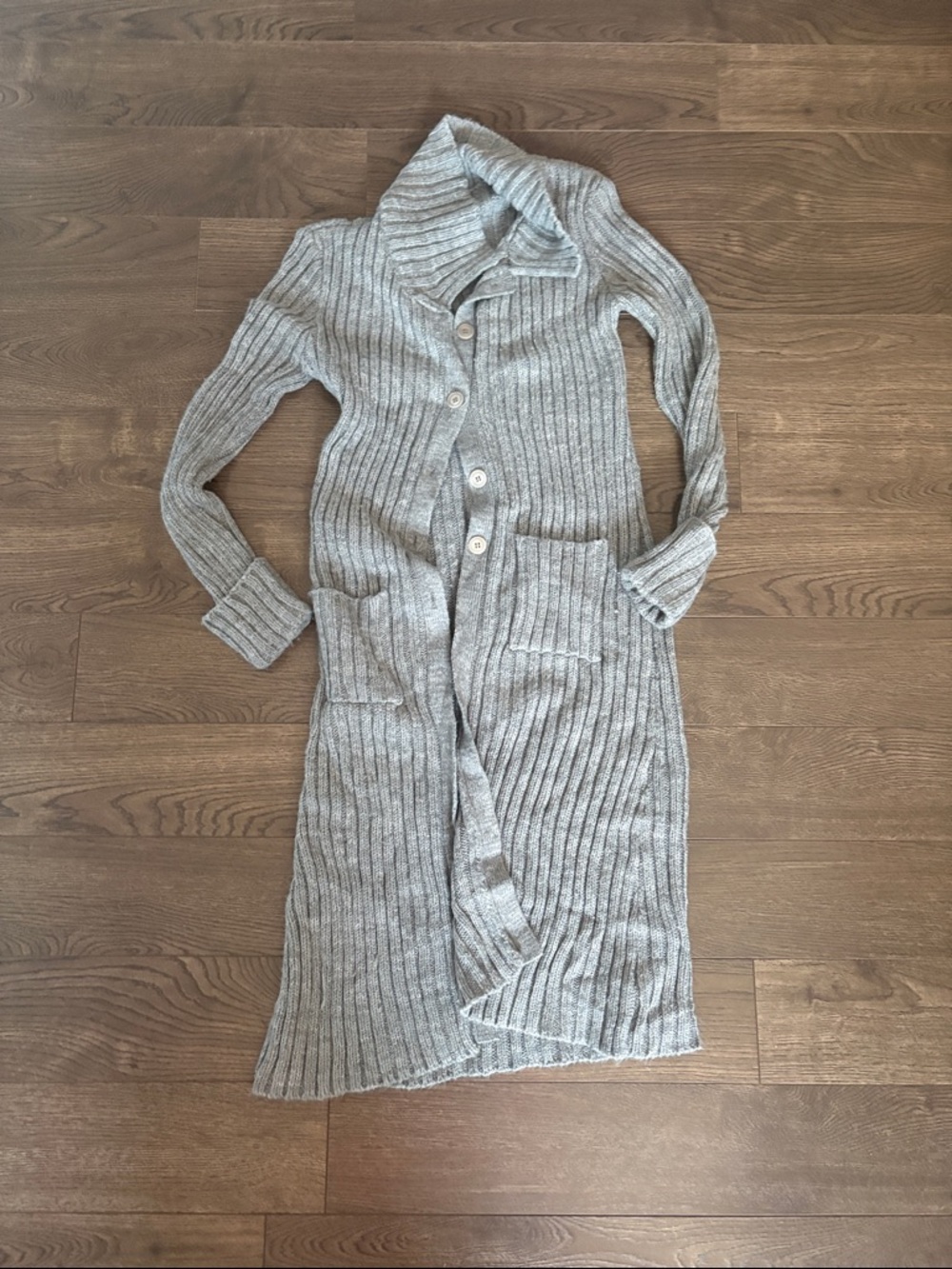 Long Ribbed Button Front Cardigan - Light Gray